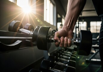 Naklejka premium Man's hand gripping dumbbell in a gym with sunlight shining through the window