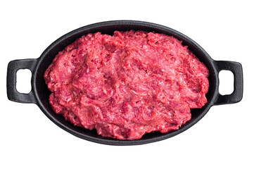 Raw minced wild game meat (venison, boar, or elk) in a black cast iron skillet. Fresh protein for gourmet and exotic recipes.