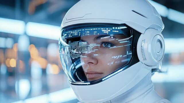 Futuristic astronaut woman wearing illuminated helmet visor with holographic data and HUD