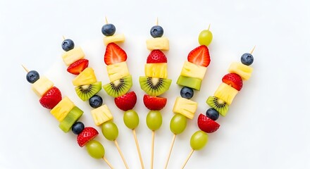Healthy fruit skewers with strawberries blueberries pineapple and grapes