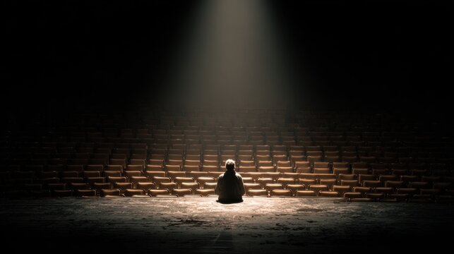 Lone figure sits alone on stage during the night, bathed in light from a bright spotlight in the empty theater, rows of empty seats behind