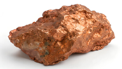 A chunk of raw copper ore, showing its metallic luster and reddishbrown color in detail