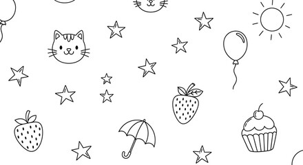 Cute black and white seamless pattern with hand-drawn doodles of cats, stars, strawberries, and balloons for coloring. © Sultan Desain