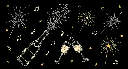Festive illustration of a champagne bottle popping with fireworks and musical notes.