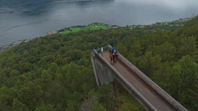 Stegastein viewing deck perched above Aurlandsfjord cliffs, popular drone destination in Norway