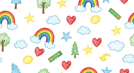 Colorful hand-drawn illustration featuring rainbows, stars, hearts, clouds, trees, and other elements.