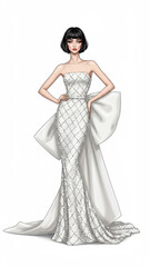 Couture Gown Illustration with Large Bow and Sequin Embellishment