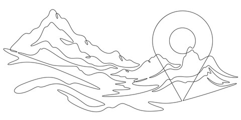 Continuous single line drawing Mountain landscape pin map. Geolocation in nature. Pin map. Linear . One continuous line isolated minimalist illustration. Not AI.