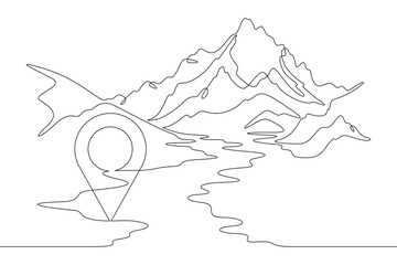 Continuous single line drawing Mountain landscape pin map. Geolocation in nature. Pin map. Linear . One continuous line isolated minimalist illustration. Not AI.