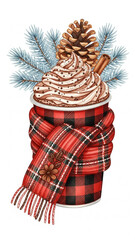 Cozy holiday hot drink illustration with whipped cream, pine cone, cinnamon stick, and red buffalo plaid scarf decor