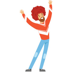 Man With Red Afro Hair And Beard Wearing Orange And White Striped Sweater And Blue Jeans Dancing With Arms Raised In Celebration