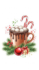 Watercolor illustration of hot cocoa with marshmallows and candy canes, decorated for Christmas.