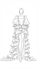 Elegant Ruffled High-Low Gown Fashion Illustration Line Art