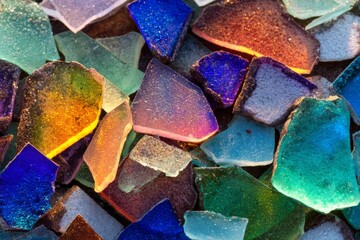 Coastal Treasures: A vibrant collection of sea glass shimmers, each piece a unique testament to the ocean's artistry. The light plays across these gems of the shore.