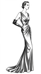 Elegant Woman in Vintage Evening Gown Fashion Illustration
