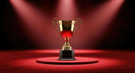 Golden Trophy on Red Stage with Spotlight, Perfect for Celebrating Achievements and Recognitions in Competitions