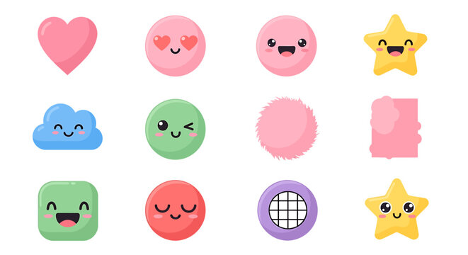 A collection of cute and colorful cartoon shapes and emoji-like faces with various expressions on a white background.