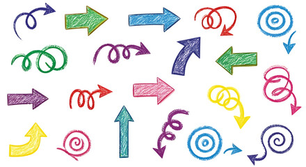 Collection of colorful hand-drawn arrows in various shapes and directions, perfect for design elements.