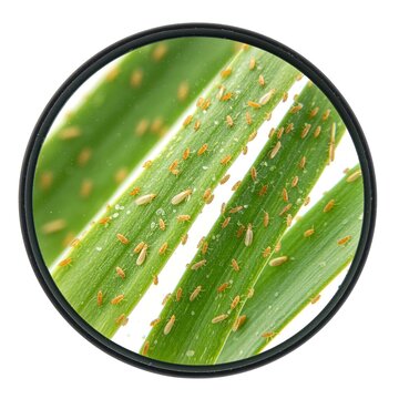 Close-up of thrips infesting a plant leaf, viewed through a magnifying glass. These tiny insects