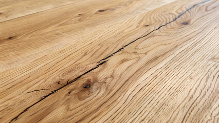 Close up of oak wood flooring with a natural crack, showcasing the texture and grain of the wood for design and backgrounds