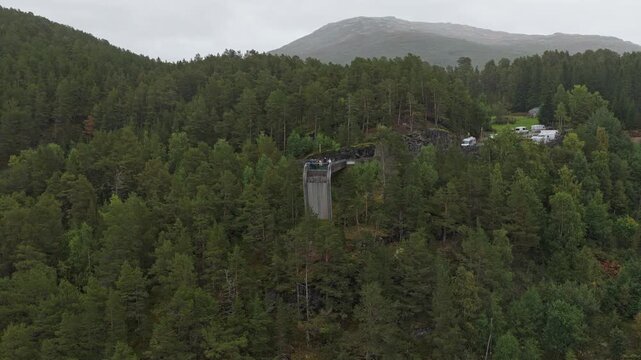 Drone captures Stegastein platform with stunning fjord backdrop, iconic Norway travel location