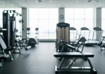 Fototapeta premium Blurred view of a modern gym with exercise machines and natural light