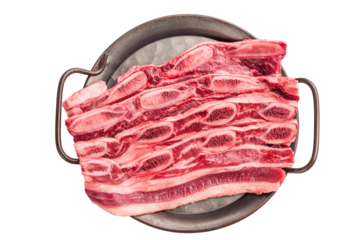 Uncooked cross-cut beef ribs arranged in a dark metal tray, emphasizing a gourmet or home cooking preparation.