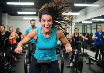 Fototapeta premium Woman smiling and working out on a stationary bike in a gym class