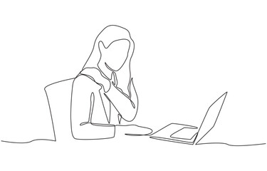Continuous one line drawing of woman massaging shoulder to relieve pain from office syndrome, symbolizing physical stress from working in front of computer for long periods of time, single line art.