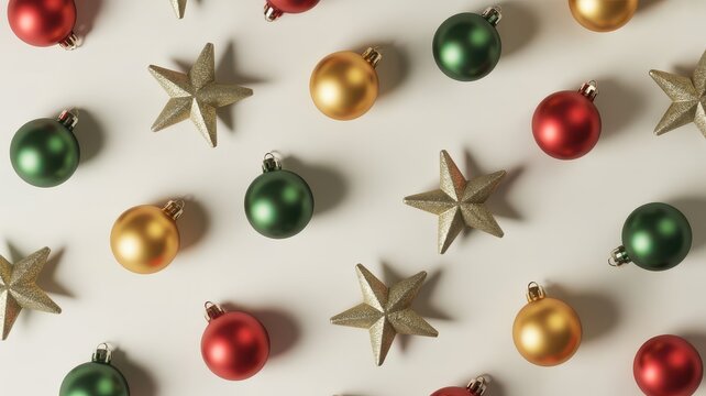 Red green gold Christmas ornaments and stars flat lay