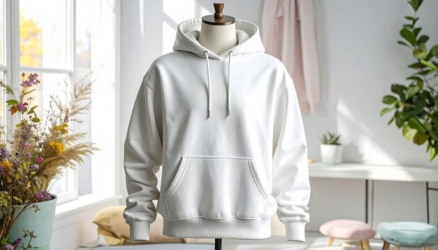 Clean and Crisp White Hoodie on a Mannequin in a Brightly Lit Studio with Soft Furnishings