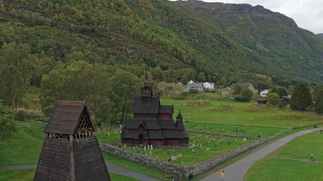 Aerial shot of ancient Borgund Stave Church highlighting its unique architecture in Norway