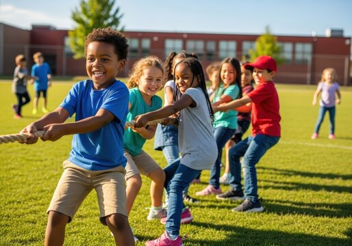 Children playing tug-of-war on a sunny day at an outdoor school event