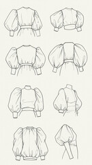 Technical drawings of fashion blouses with puff sleeves, featuring various voluminous sleeve types and cuff details.