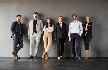 Group full length portrait of confident business professionals standing against plain wall, smiling...