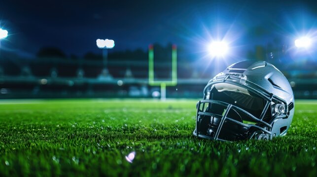 A close-up of a silver football helmet resting on green grass under stadium lights at night. The field goal posts are visible in the background.