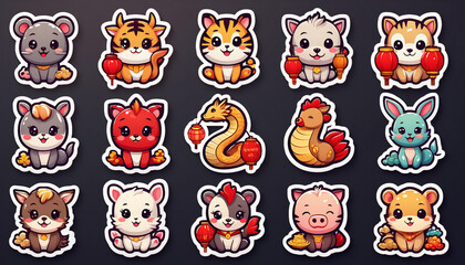 Cute Chibi Chinese Zodiac Sticker Pack - Kawaii Lunar New Year Animals Digital Clipart