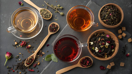 Overhead shot of various herbal teas in glass cups, wooden bowls, and spoons on a dark surface, creating a warm and inviting atmosphere