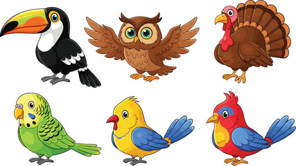 Cute cartoon birds collection, colorful exotic bird characters, tropical and forest animals, adorable feathered birds illustration set for kids design