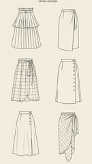 Six Different Skirt Technical Drawings: Fashion Flat Sketches Collection