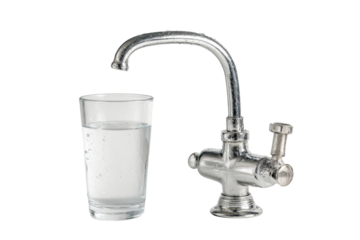 Chrome water faucet next to glass filled with fresh clear drinking water