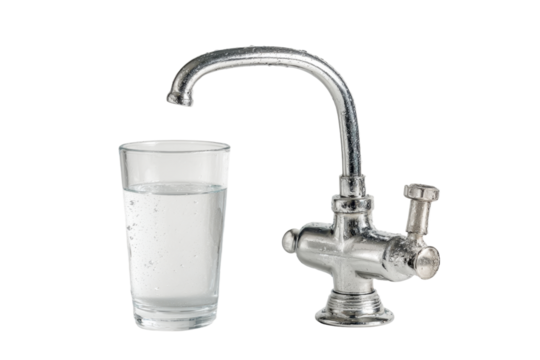Chrome water faucet next to glass filled with fresh clear drinking water