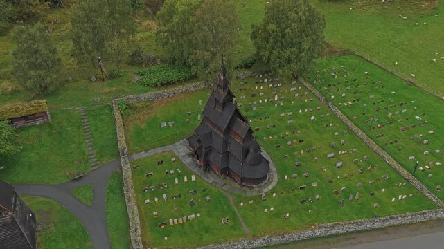 Borgund Stave Church captured from above, displaying traditional timber structure in Norway