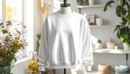 Flat lay mockup of a plain white crewneck sweatshirt on a mannequin in a bright, airy studio with plants and flowers