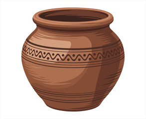 A detailed illustration of a classic terracotta pot with decorative bands