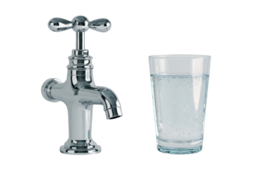 Chrome Water Faucet with Glass of Water on Transparent Background