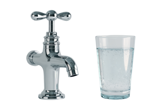 Chrome Water Faucet with Glass of Water on Transparent Background - Powered by Adobe