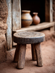 Fototapeta premium Rustic wooden stool with pottery in rustic setting.