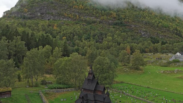 Scenic aerial perspective of Borgund Stave Church and its classic Nordic woodwork, Norway