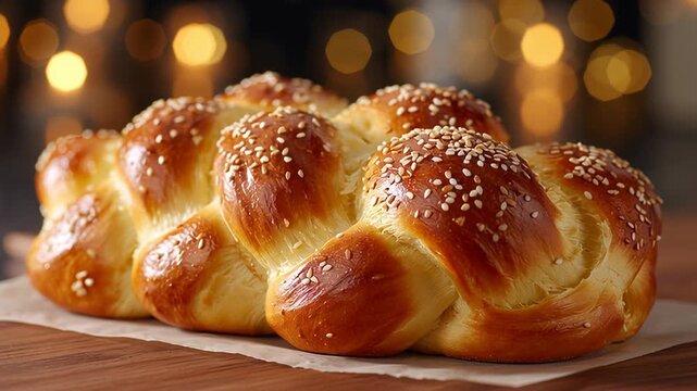 Freshly baked braided bread with golden crust and sesame seeds, beautifully displayed on wooden surface, camera zooms in to highlight texture and details